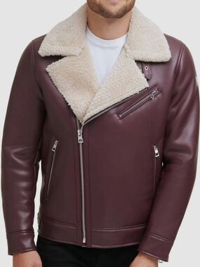Men's Burgundy Shearling-Lined Moto Jacket